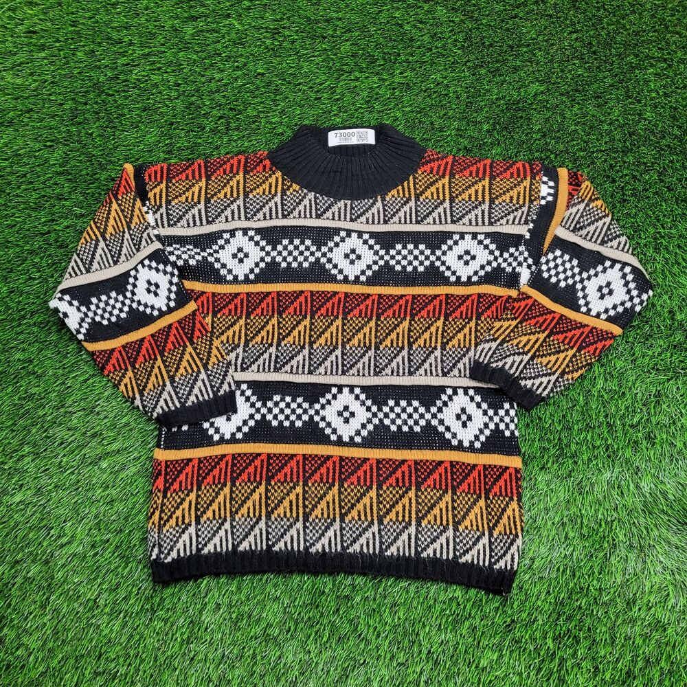 Vintage 90s Ethnic Tribal Sweater Women Medium 20x24 Black